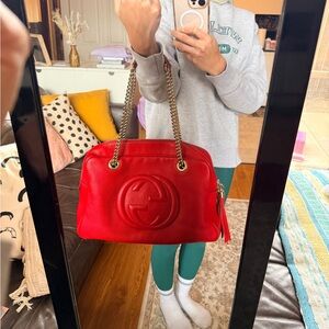 Gucci Red Pebbled Leather Chain Shoulder Bag with Tassel